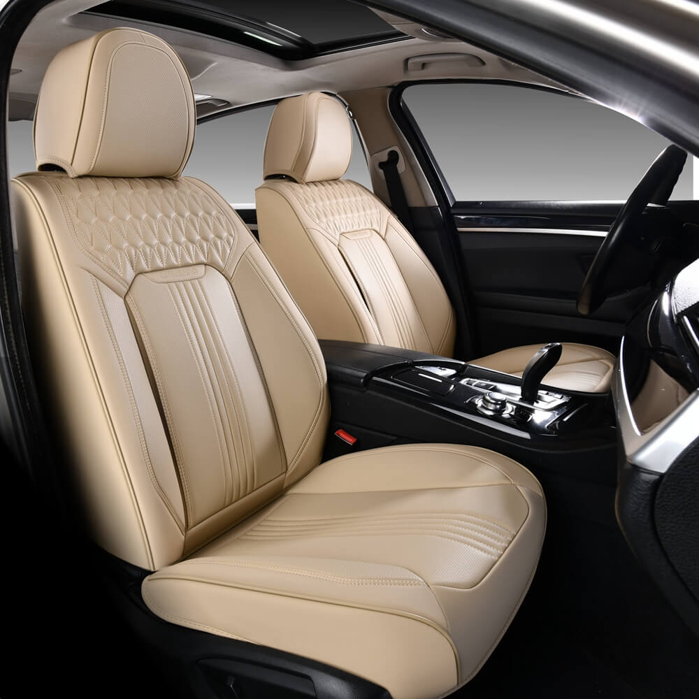 Coverado Beige Car Seat Covers for Driver and Passenger Leatherette Seat Protectors in Tan Color Comfortable Durable Auto Car Interior Covers Universal Fit