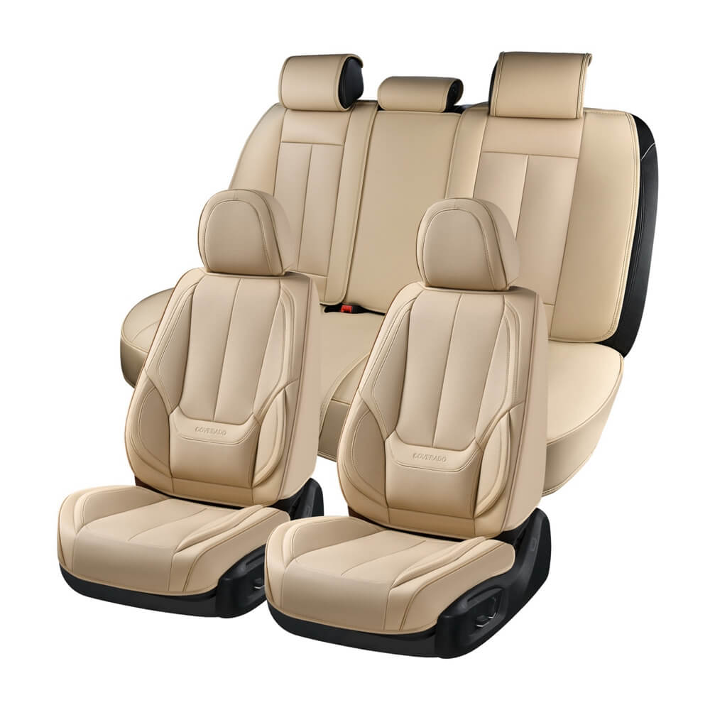 Coverado 2 SEATS Beige Front Car Seat Covers, Premium Leatherette Auto Seat Cushions Luxury Interior, Waterproof UV-Resistant Seat Protectors