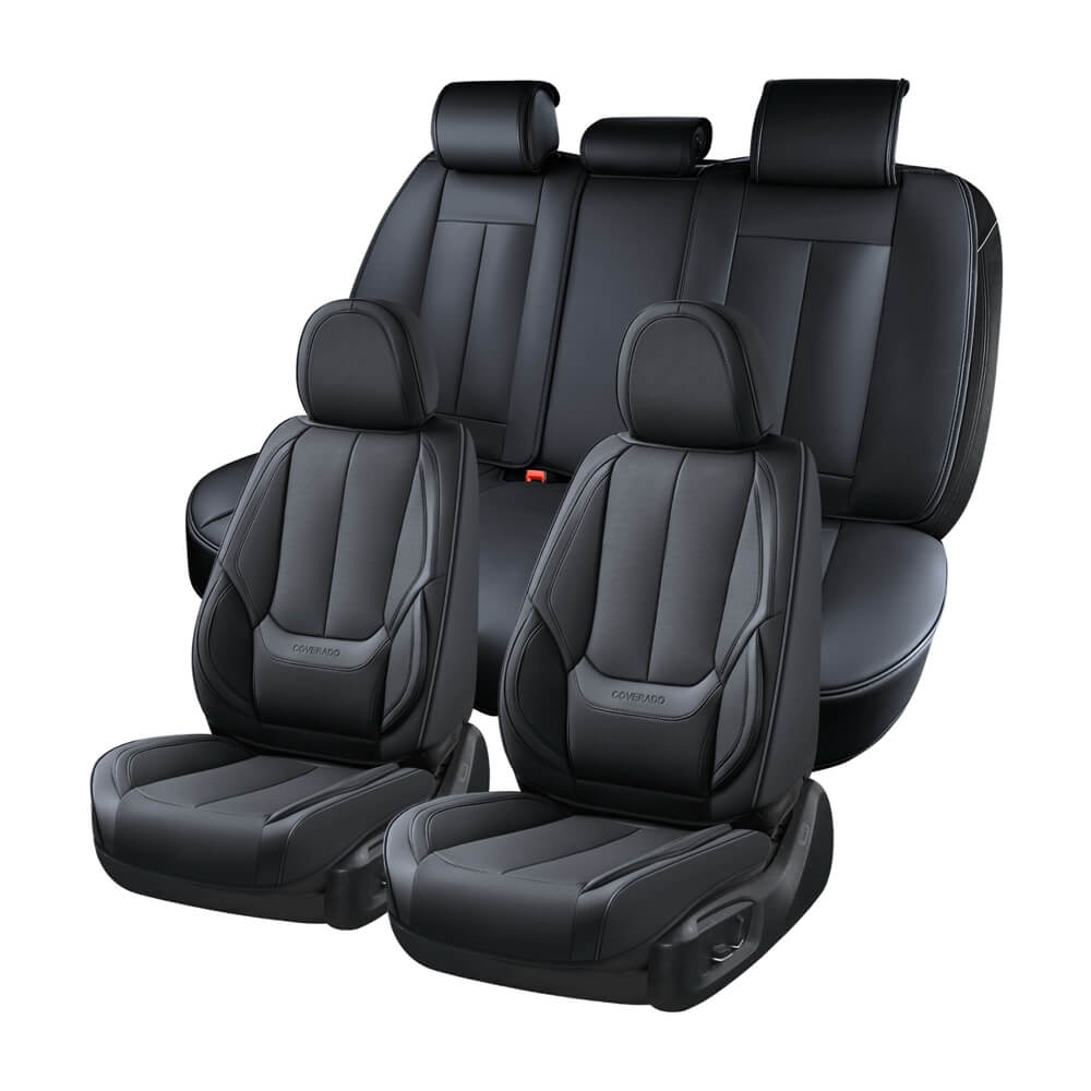 Coverado Front and Back Car Seat Covers Set Premium Faux Leather Water Resistant Lumbar Support Driver Passenger Rear Auto Seat Protectors Universal Fit