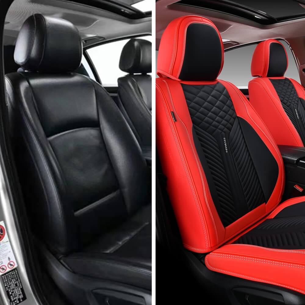 Coverado Front and Back Seat Covers Premium Leather Classic Contrast Color Water Resistant Auto Seat Protectors Universal Fit