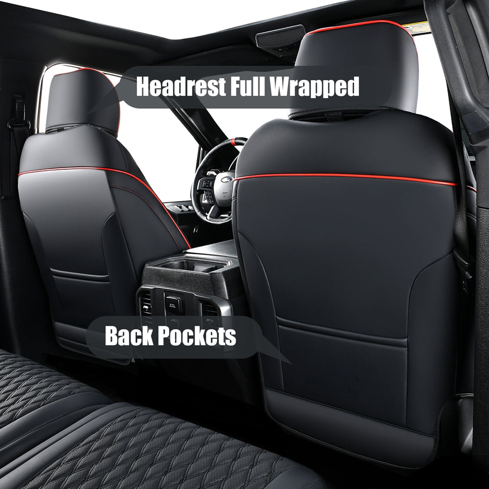 Fit 2015-2024 F150, 2017-2024 F250 F350 Crew Cab Coverado Custom Seat Covers Front and Back Waterproof 5 Seats Faux Leather Full Coverage Seat Protectors