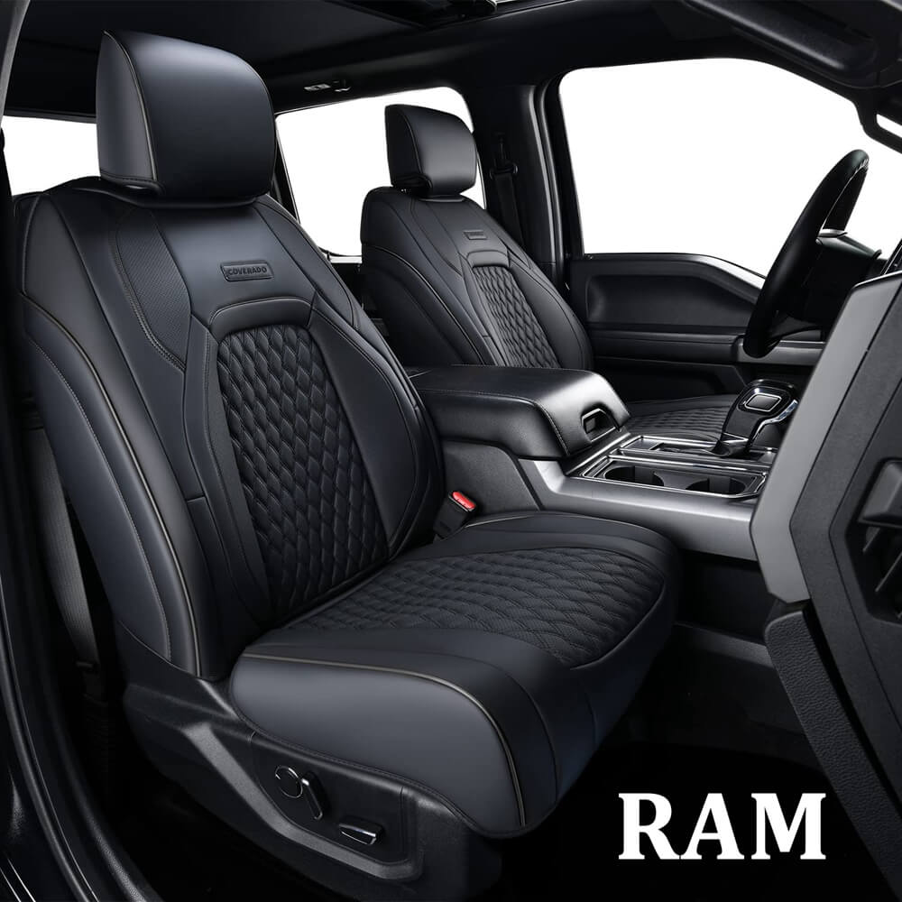 Coverado 2009-2023 Ram 1500, 2010-2024 Ram 2500 3500 Crew Cab Custom Fit Seat Covers Leather Full Coverage Auto Seat Protector with Concave Front, Split Curved Back/ Flat Back Seats