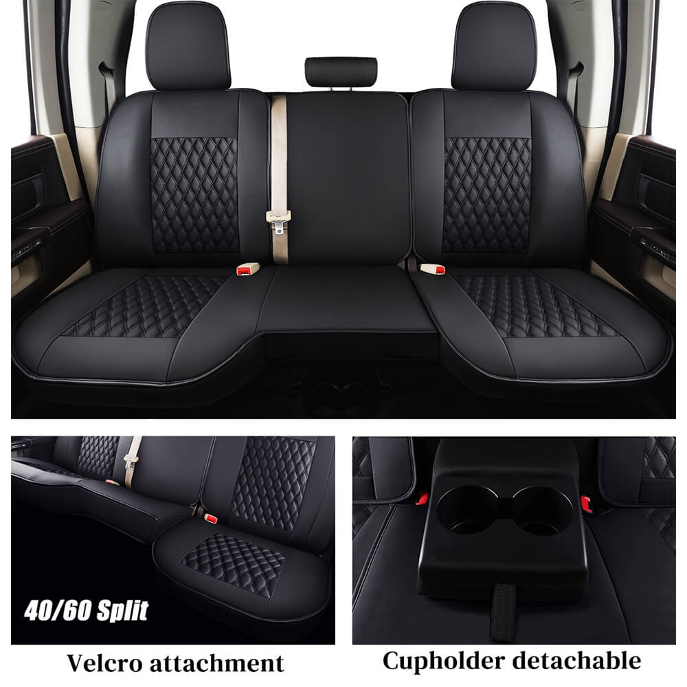 Coverado 2009-2023 Ram 1500, 2010-2024 Ram 2500 3500 Crew Cab Custom Fit Seat Covers Leather Full Coverage Auto Seat Protector with Concave Front, Split Curved Back/ Flat Back Seats