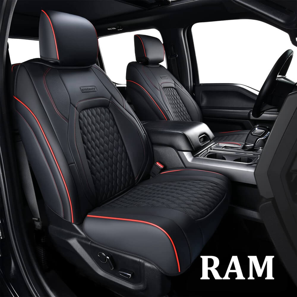 Coverado 2009-2023 Ram 1500, 2010-2024 Ram 2500 3500 Crew Cab Custom Fit Seat Covers Leather Full Coverage Auto Seat Protector with Concave Front, Split Curved Back/ Flat Back Seats