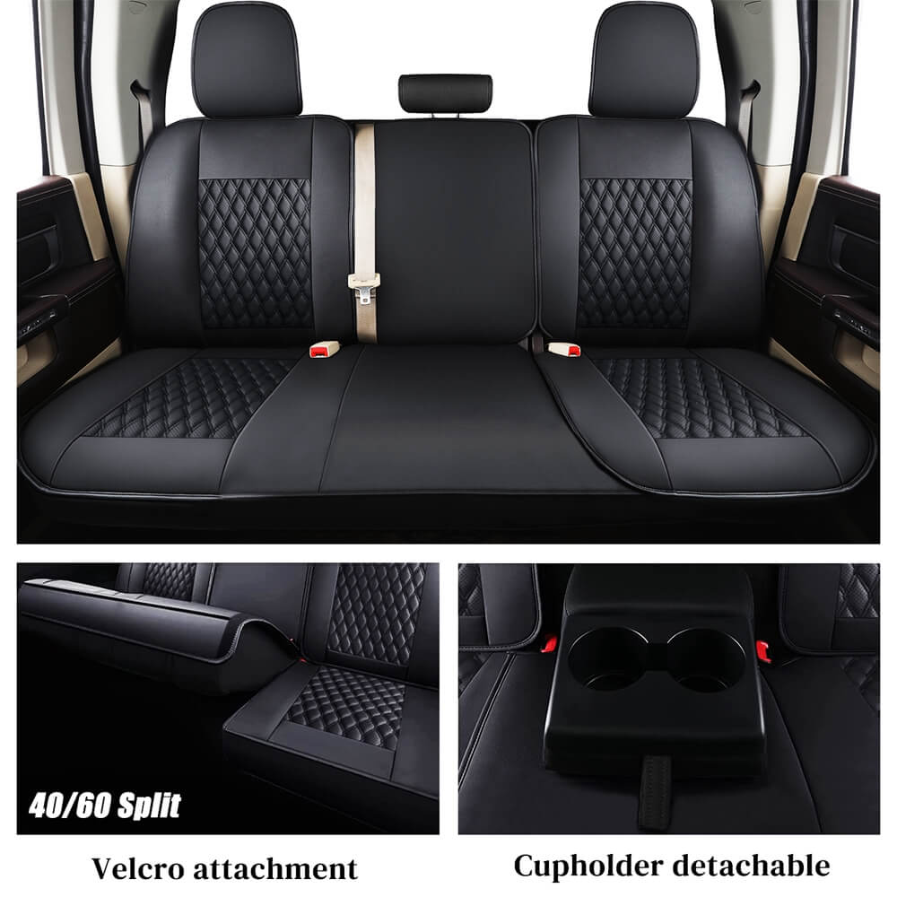 Coverado 2009-2023 Ram 1500, 2010-2024 Ram 2500 3500 Crew Cab Custom Fit Seat Covers Leather Full Coverage Auto Seat Protector with Concave Front, Split Curved Back/ Flat Back Seats