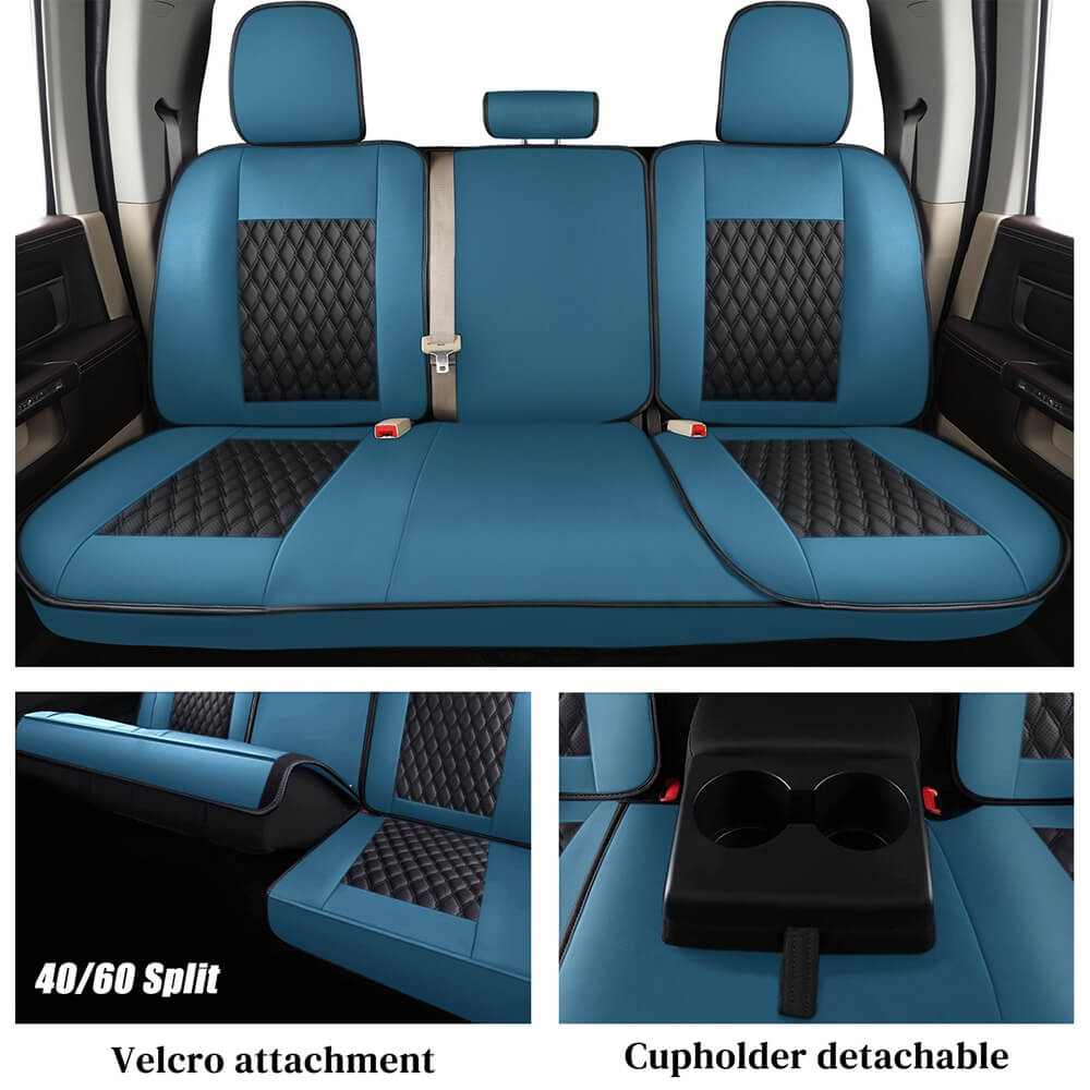 Coverado 2009-2023 Ram 1500, 2010-2024 Ram 2500 3500 Crew Cab Custom Fit Seat Covers Leather Full Coverage Auto Seat Protector with Concave Front, Split Curved Back/ Flat Back Seats