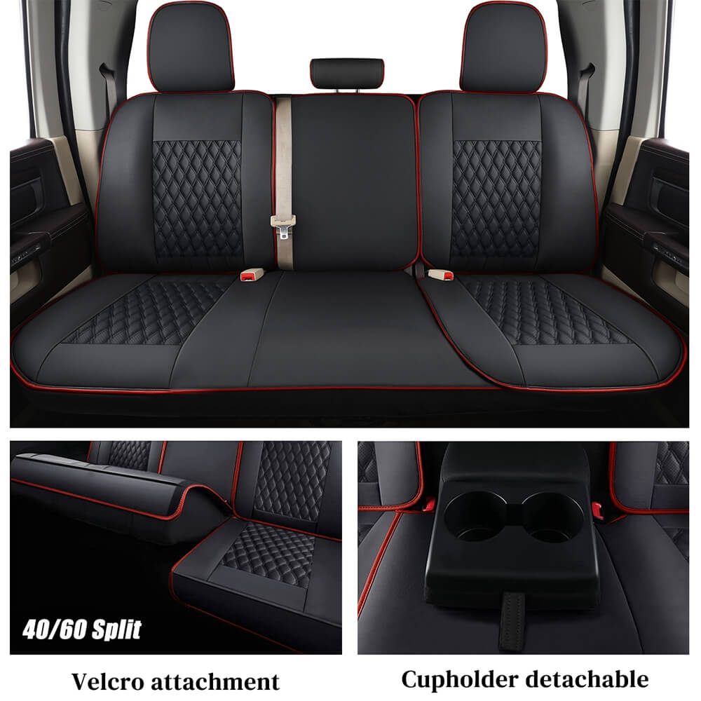 Coverado 2009-2023 Ram 1500, 2010-2024 Ram 2500 3500 Crew Cab Custom Fit Seat Covers Leather Full Coverage Auto Seat Protector with Concave Front, Split Curved Back/ Flat Back Seats