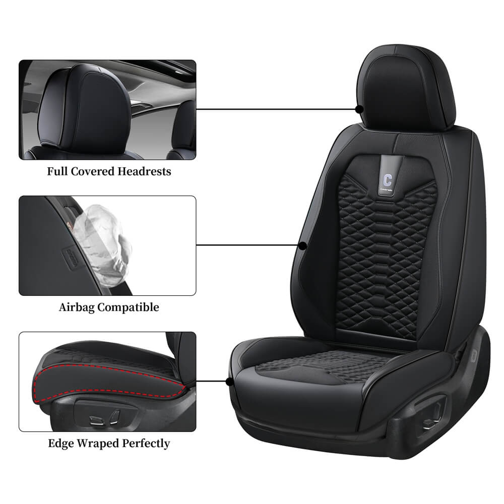 Coverado 5 Seats Full Set Car Seat Covers Fabric & Leather Front and Back Auto Seat Protectors Universal Fit