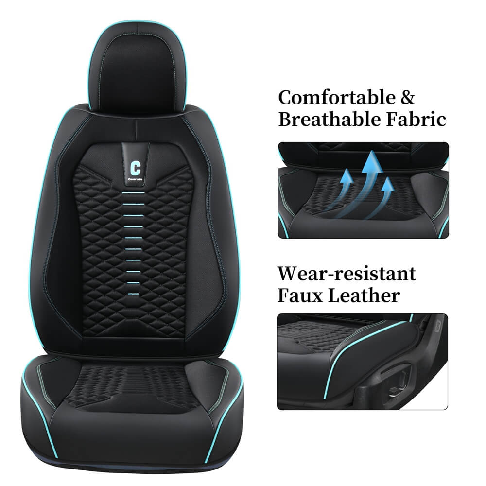 Coverado 5 Seats Full Set Car Seat Covers Fabric & Leather Front and Back Auto Seat Protectors Universal Fit