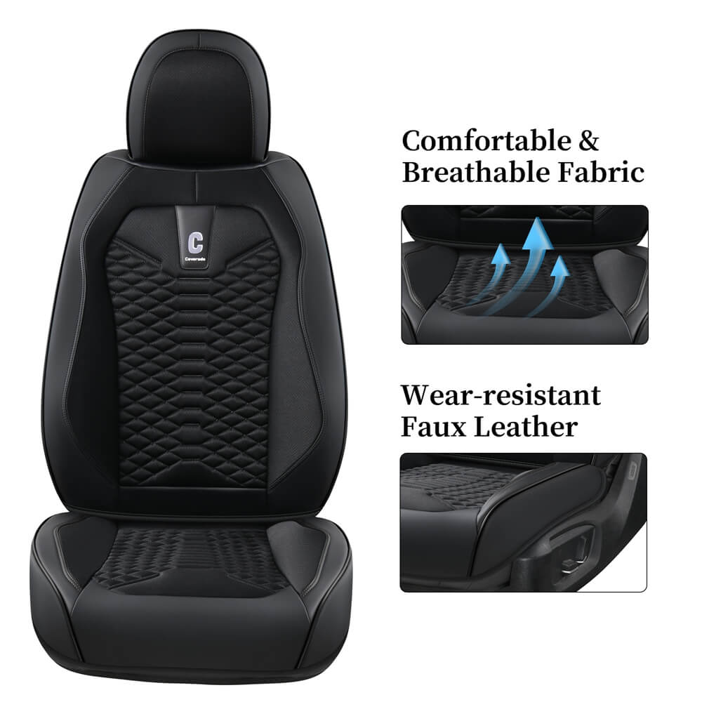 Coverado 5 Seats Full Set Car Seat Covers Fabric & Leather Front and Back Auto Seat Protectors Universal Fit