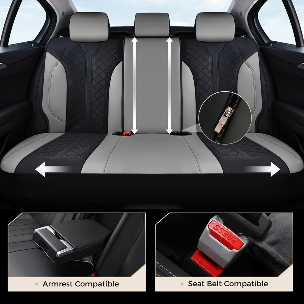 Coverado Front and Back Seat Covers for Cars PU Leather & Fabric Material Breathable Comfort Auto Seats Universal Fit
