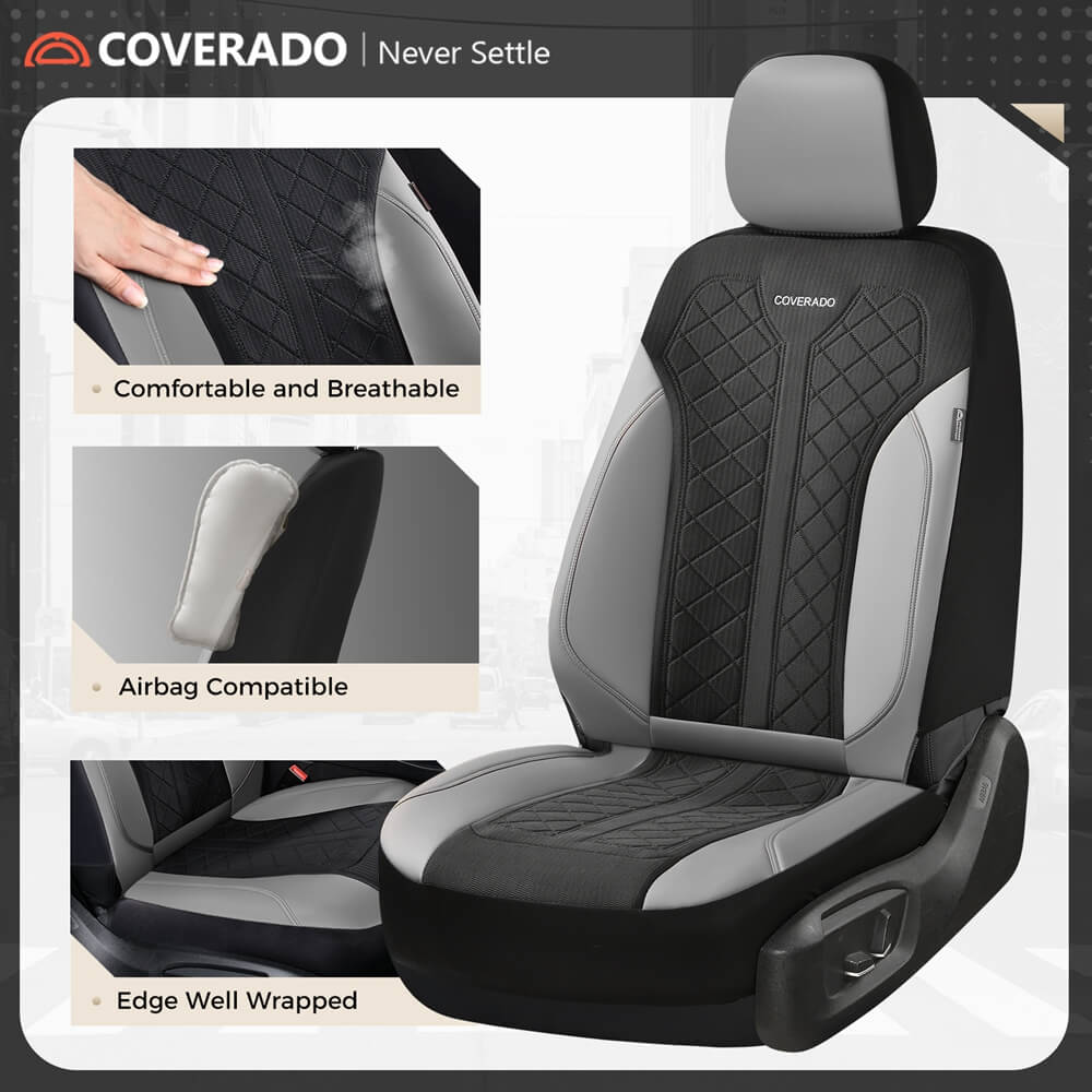 Coverado Front and Back Seat Covers for Cars PU Leather & Fabric Material Breathable Comfort Auto Seats Universal Fit