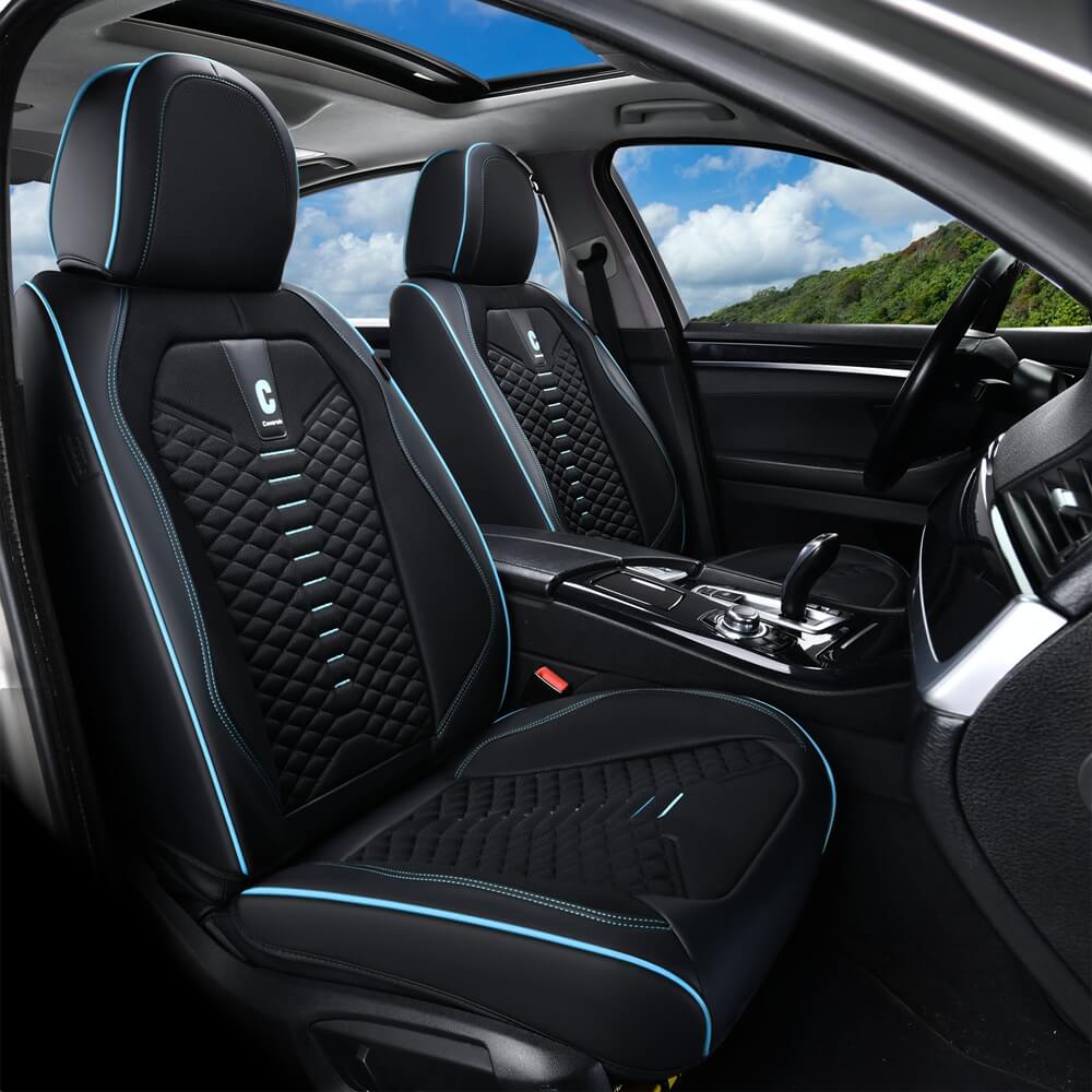 Coverado 5 Seats Full Set Car Seat Covers Fabric & Leather Front and Back Auto Seat Protectors Universal Fit