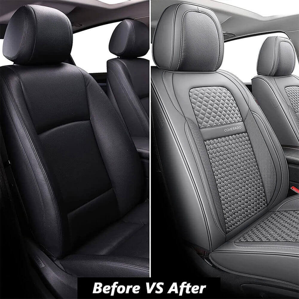 Coverado Front and Back Seat Covers  5 Seats Faux Leather & Woven Fabric Full Set Breathable Universal Fit