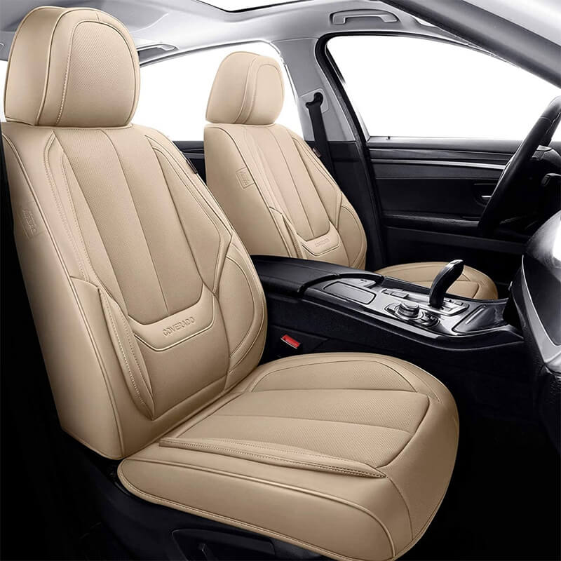 Coverado Beige Car Seat Covers for Driver and Passenger Leatherette Seat Protectors in Tan Color Comfortable Durable Auto Car Interior Covers Universal Fit