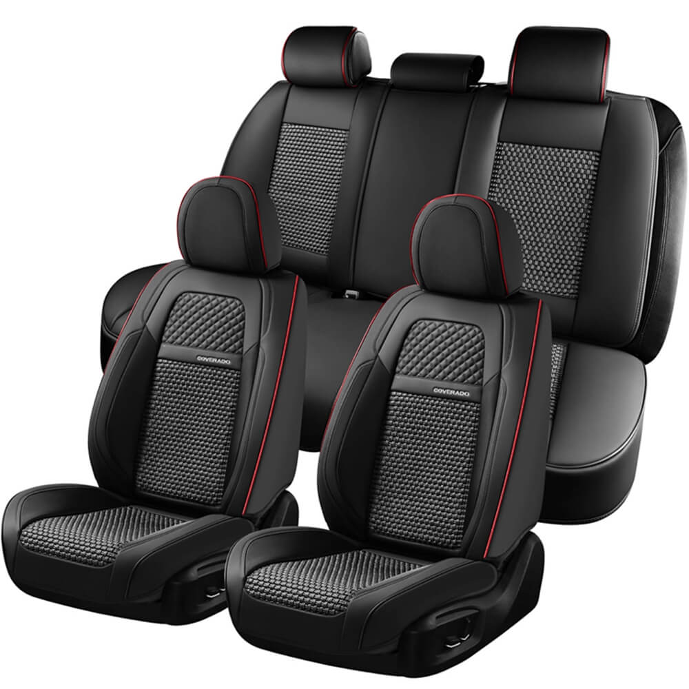 Coverado Front and Back Seat Covers  5 Seats Faux Leather & Woven Fabric Full Set Breathable Universal Fit