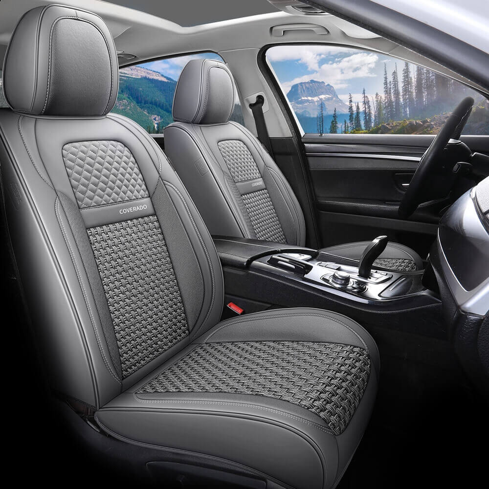 Coverado Front and Back Seat Covers  5 Seats Faux Leather & Woven Fabric Full Set Breathable Universal Fit