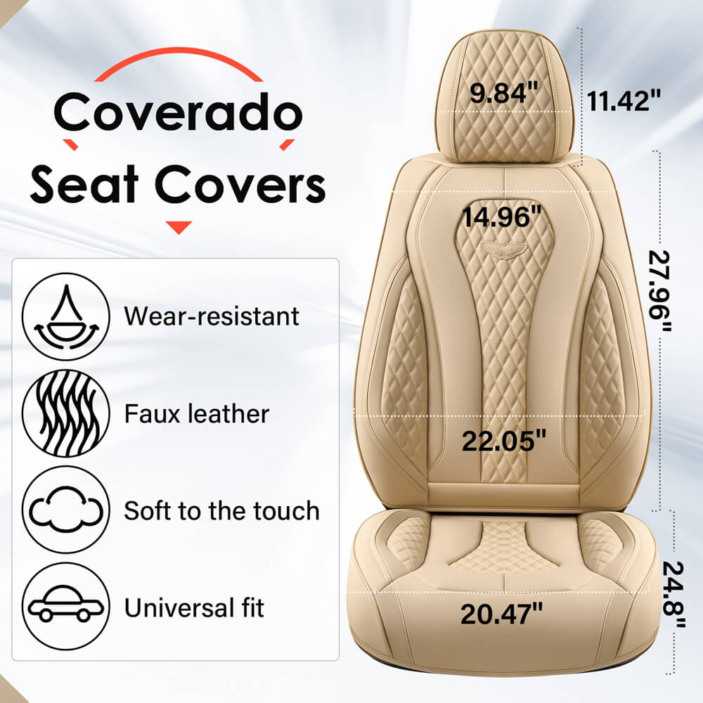 Coverado Beige Car Seat Covers for Driver and Passenger Leatherette Seat Protectors in Tan Color Comfortable Durable Auto Car Interior Covers Universal Fit