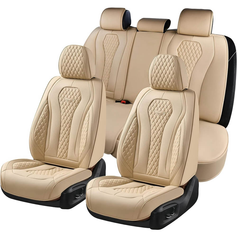 Coverado Beige Car Seat Covers for Driver and Passenger Leatherette Seat Protectors in Tan Color Comfortable Durable Auto Car Interior Covers Universal Fit