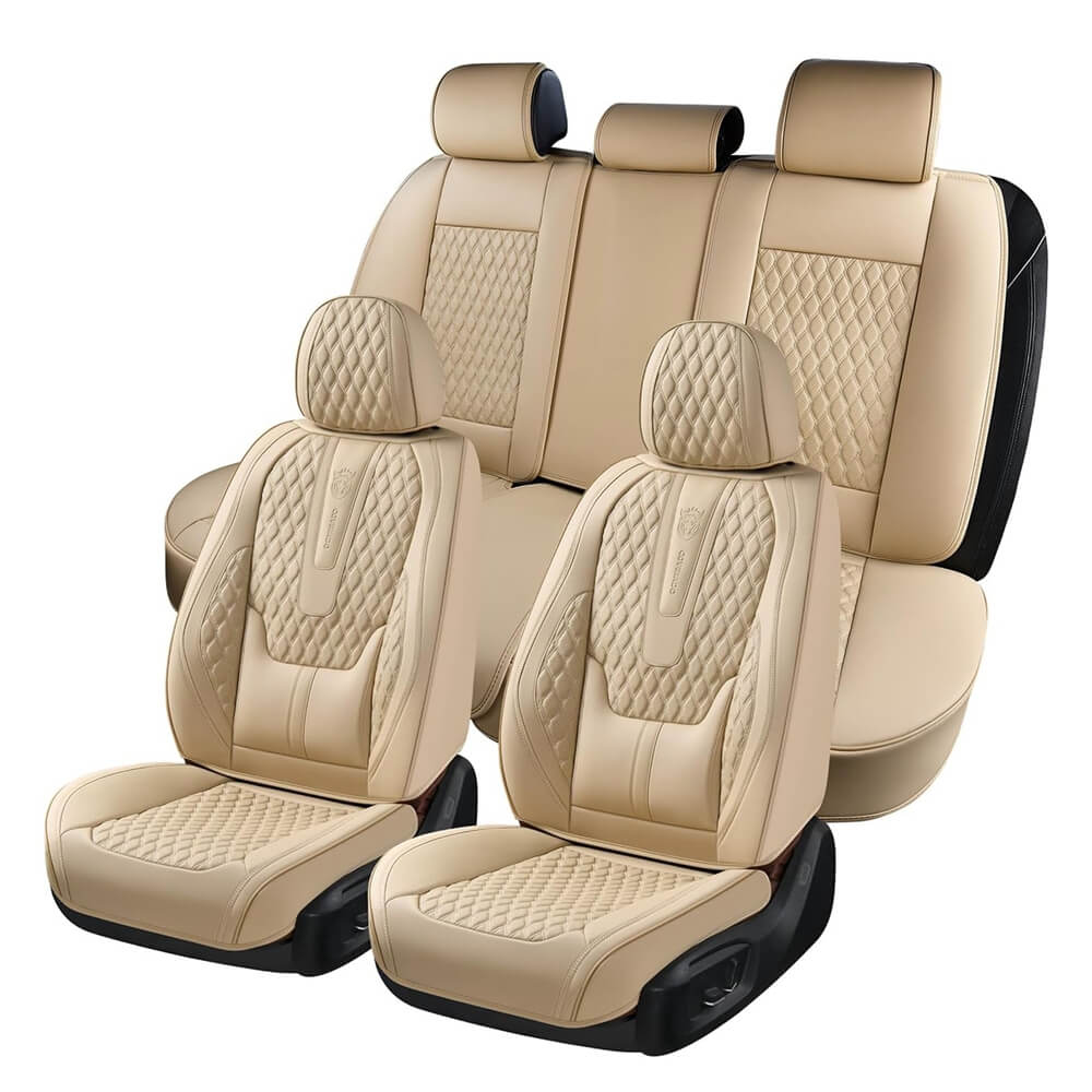 Coverado Beige Car Seat Covers for Driver and Passenger Leatherette Seat Protectors in Tan Color Comfortable Durable Auto Car Interior Covers Universal Fit