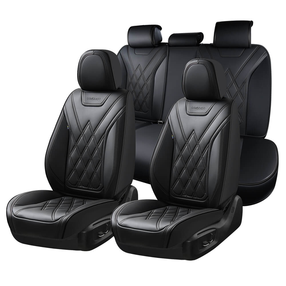 Coverado 5 Seat Full Set Car Seat Covers Leather Diamond Pattern  Front Rear Seats Water Resistant Auto Seat Covers Universal Fit
