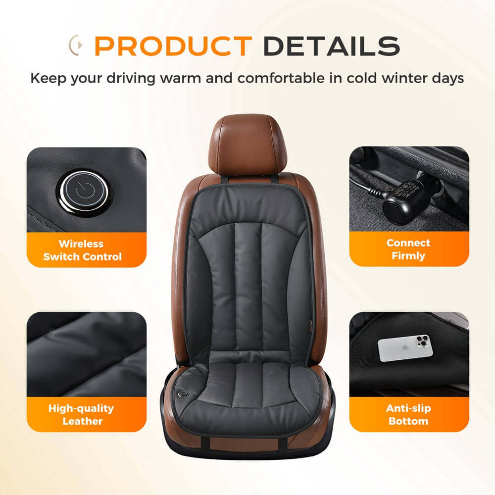 Coverado Heated Seat Cushion 3-Level Faux Leather Car Seat Covers Pad Warm Seat Heater for Driver Seat Universal Fit for Cold Winter