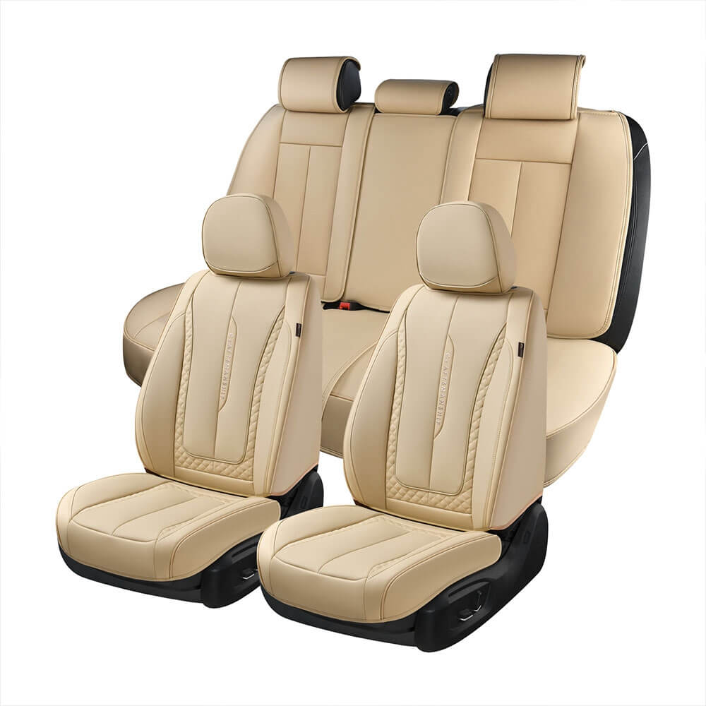 Coverado Beige Car Seat Covers for Driver and Passenger Leatherette Seat Protectors in Tan Color Comfortable Durable Auto Car Interior Covers Universal Fit
