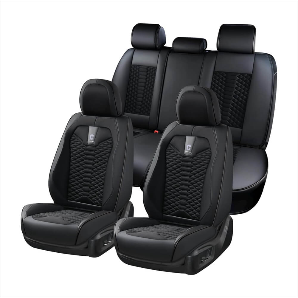 Coverado 5 Seats Full Set Car Seat Covers Fabric & Leather Front and Back Auto Seat Protectors Universal Fit