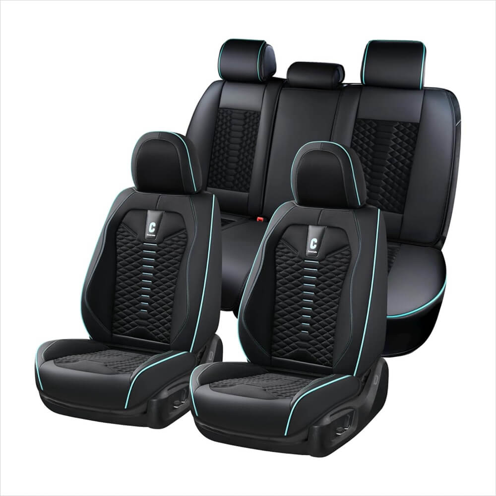 Coverado 5 Seats Full Set Car Seat Covers Fabric & Leather Front and Back Auto Seat Protectors Universal Fit
