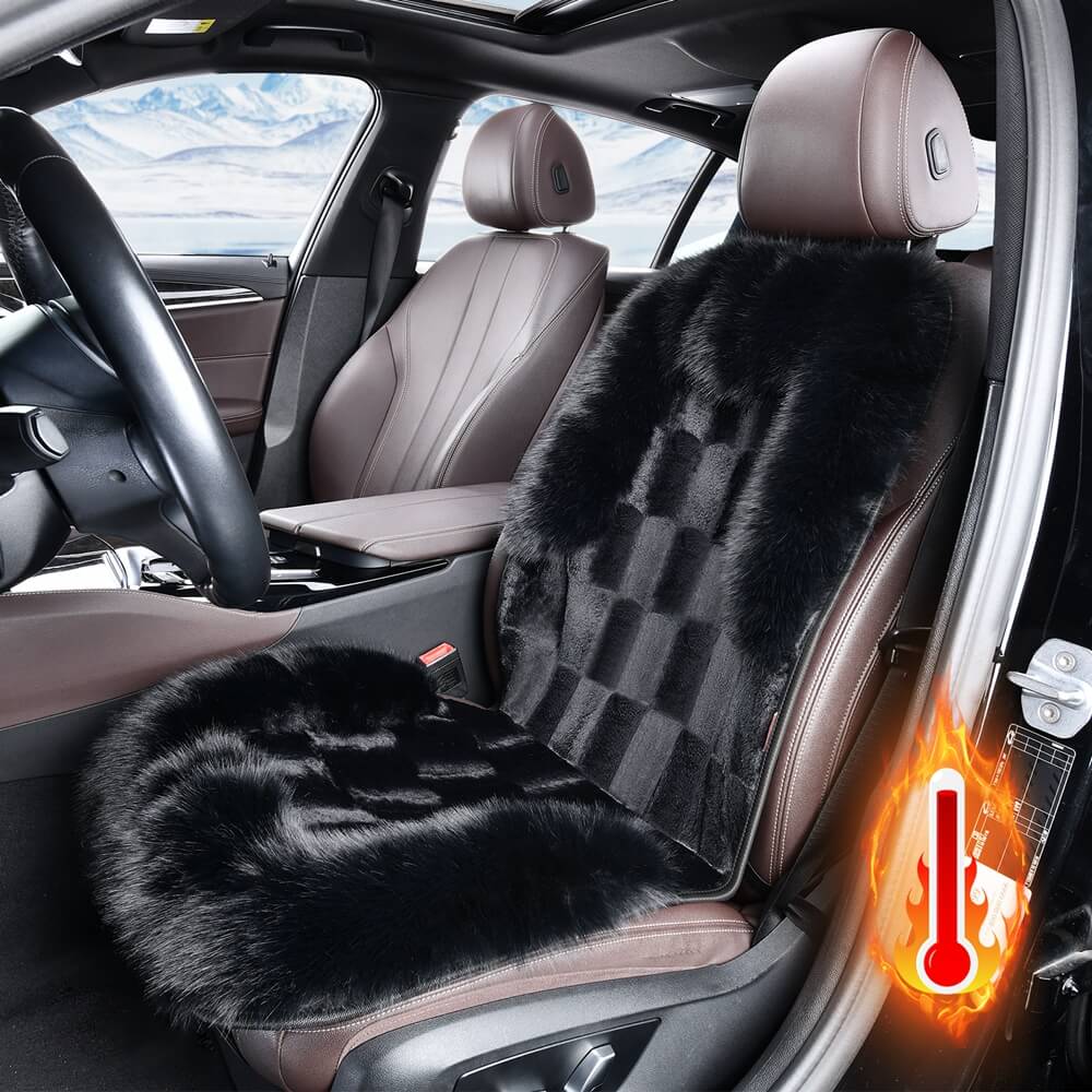 Coverado Black Fuzzy Car Seat Cushion Warm Seats Universal Fit Winter Comfort Furry Seat Covers