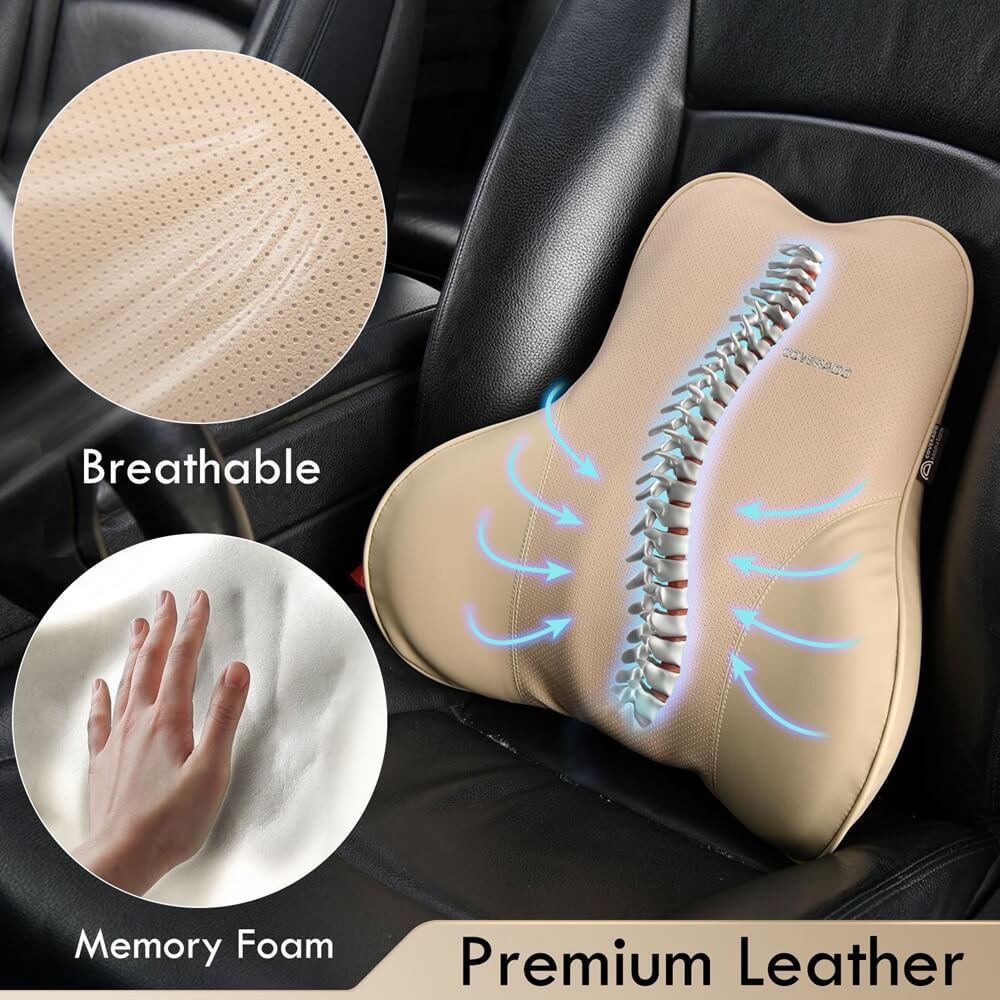 50% OFF🔥🔥 Coverado Leather Lumbar Back Support Pillow for Cars, Office Chair, Sofa with Detachable Memory Foam Car Back Support Lower Back Pain