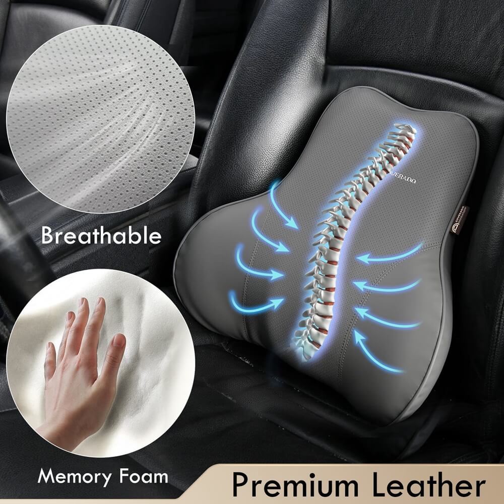 50% OFF🔥🔥 Coverado Leather Lumbar Back Support Pillow for Cars, Office Chair, Sofa with Detachable Memory Foam Car Back Support Lower Back Pain