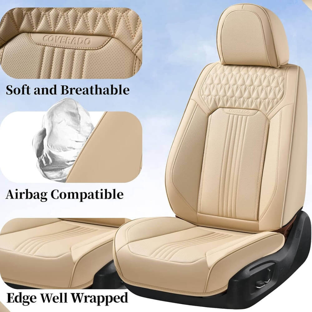 Coverado Luxury Front and Back Car Seat Covers Premium Faux Leather Waterproof Universal Fit