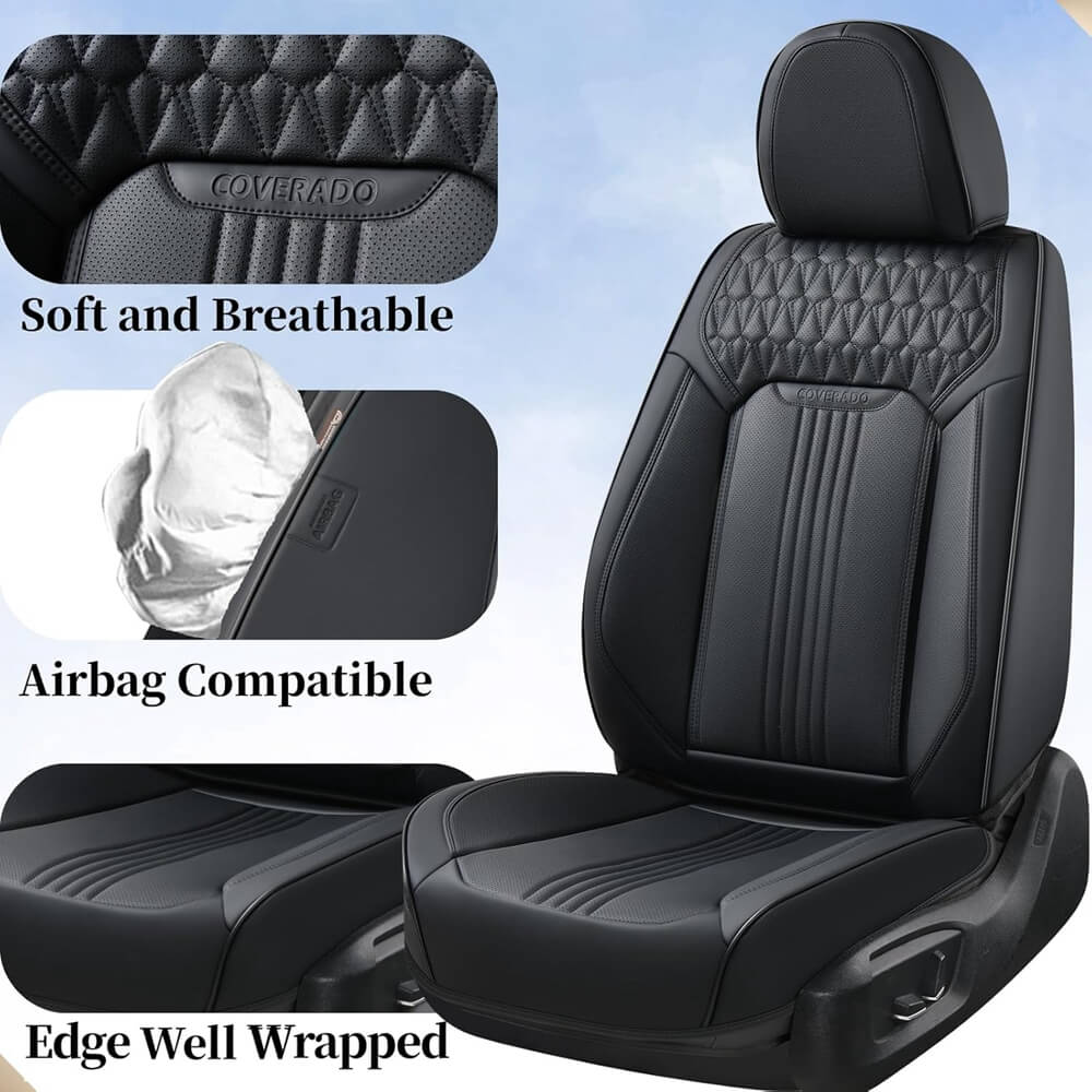 Coverado Luxury Front and Back Car Seat Covers Premium Faux Leather Waterproof Universal Fit