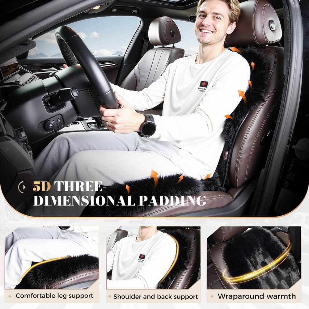 Coverado Black Fuzzy Car Seat Cushion Warm Seats Universal Fit Winter Comfort Furry Seat Covers
