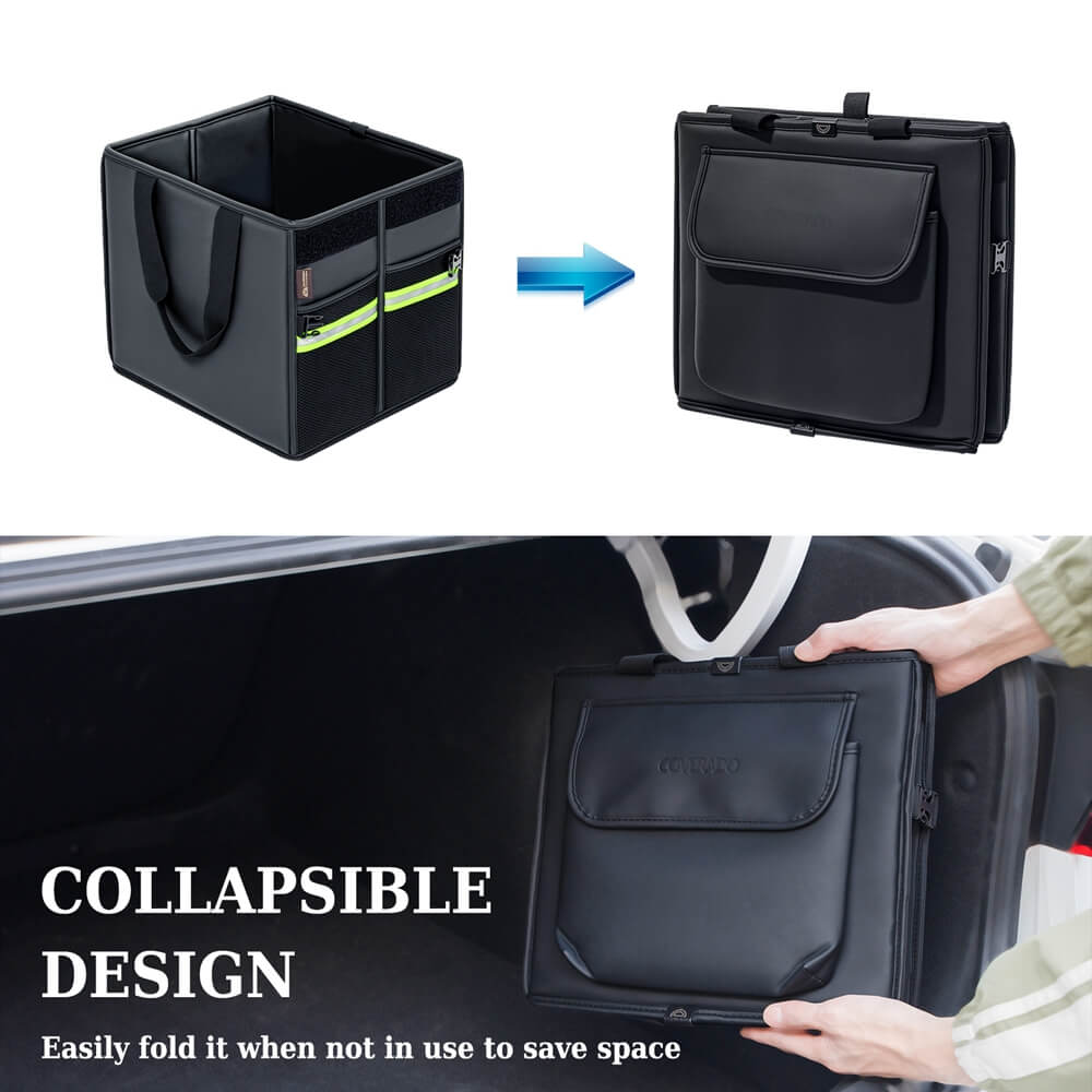 Coverado Nappa Leather Car Trunk Organizer Folding Large Capacity Collapsible Storage Box Cargo Organizer Car Accessories for SUV, Truck, Sedan with Non Slip Bottom