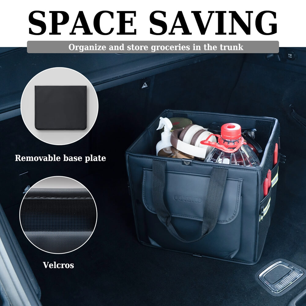 Coverado Nappa Leather Car Trunk Organizer Folding Large Capacity Collapsible Storage Box Cargo Organizer Car Accessories for SUV, Truck, Sedan with Non Slip Bottom