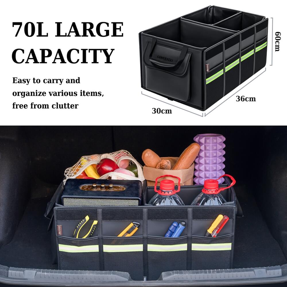 Coverado Nappa Leather Car Trunk Organizer Folding Large Capacity Collapsible Storage Box Cargo Organizer Car Accessories for SUV, Truck, Sedan with Non Slip Bottom