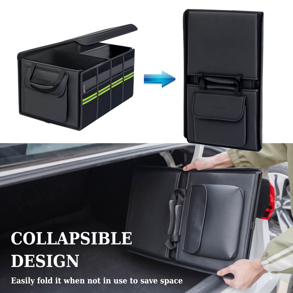 Coverado Nappa Leather Car Trunk Organizer Folding Large Capacity Collapsible Storage Box Cargo Organizer Car Accessories for SUV, Truck, Sedan with Non Slip Bottom