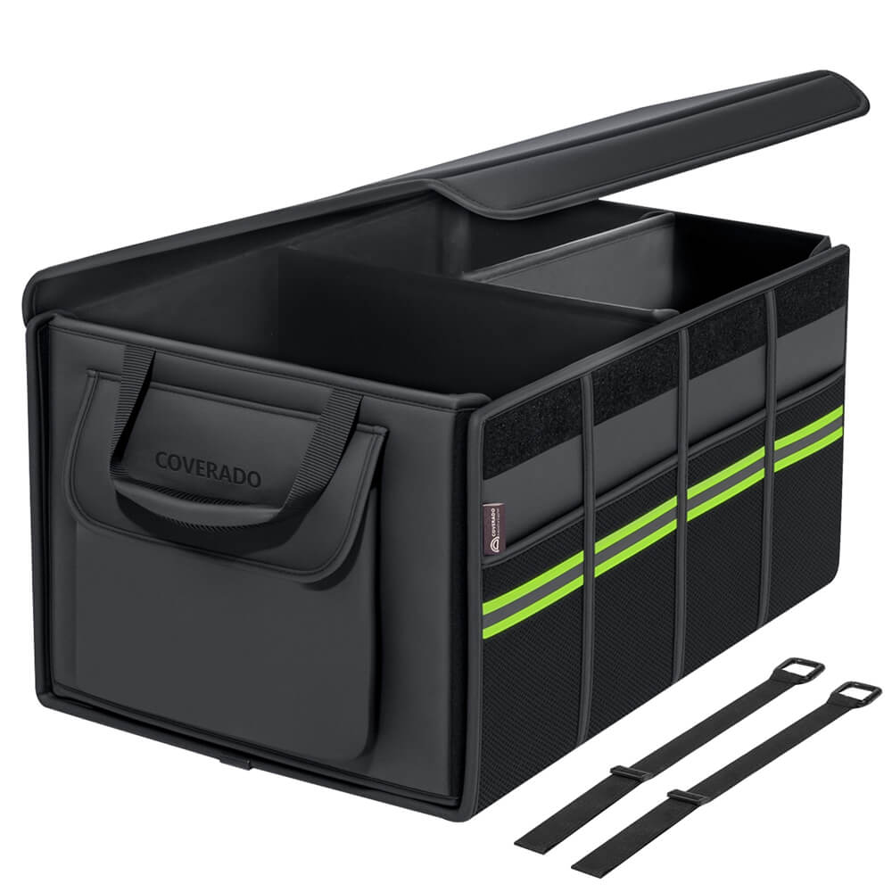 Coverado Nappa Leather Car Trunk Organizer Folding Large Capacity Collapsible Storage Box Cargo Organizer Car Accessories for SUV, Truck, Sedan with Non Slip Bottom