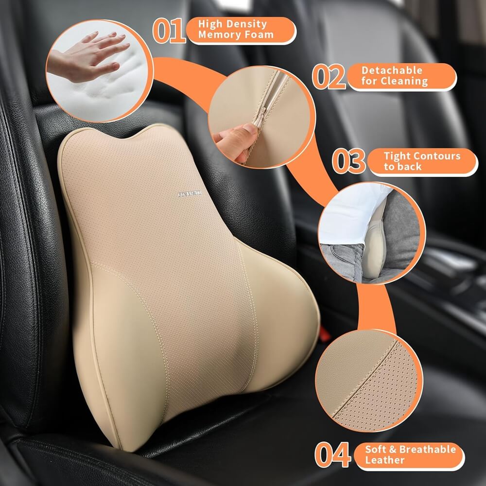50% OFF🔥🔥 Coverado Leather Lumbar Back Support Pillow for Cars, Office Chair, Sofa with Detachable Memory Foam Car Back Support Lower Back Pain