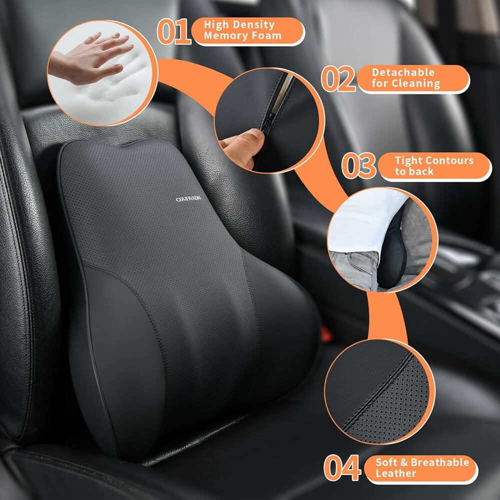 50% OFF🔥🔥 Coverado Leather Lumbar Back Support Pillow for Cars, Office Chair, Sofa with Detachable Memory Foam Car Back Support Lower Back Pain