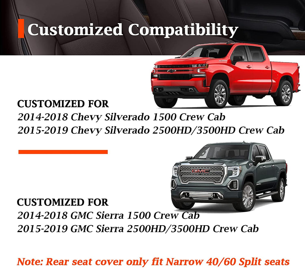Fit 2014-2018 Chevy Silverado 2015-2019 GMC Sierra Crew Cab Coverado Full Set 40/60 Split Back Seats Waterproof Leather Seat Cover