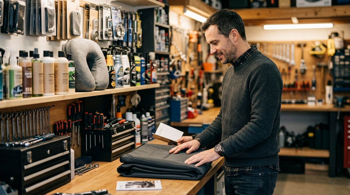 A man browsing automotive accessories at a well-lit garage workbench, hands resting on a neatly folded seat cover.