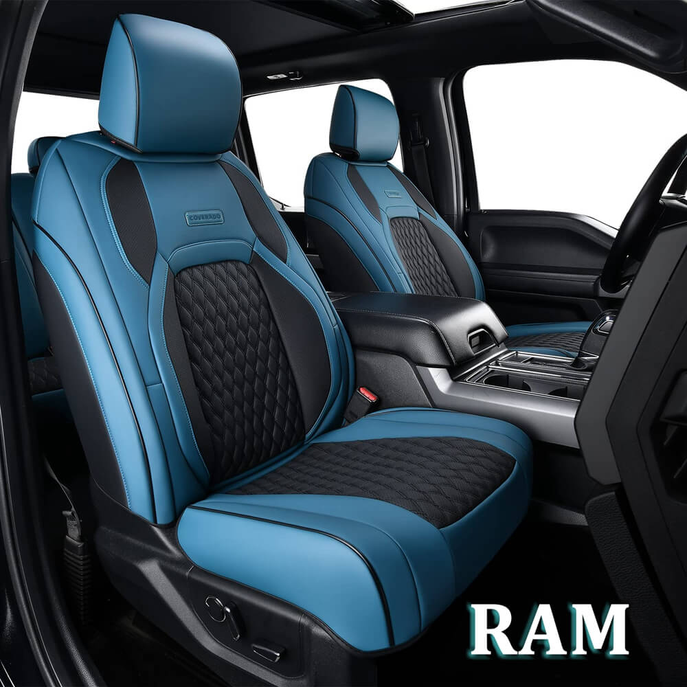 2009-2018 Ram 1500, 2010-2024 Ram 2500 3500 Crew Cab Custom Fit Seat Covers Coverado Leather Auto Seat Protector with Concave Front, Split Curved Back/ Flat Back Seats Full Coverage