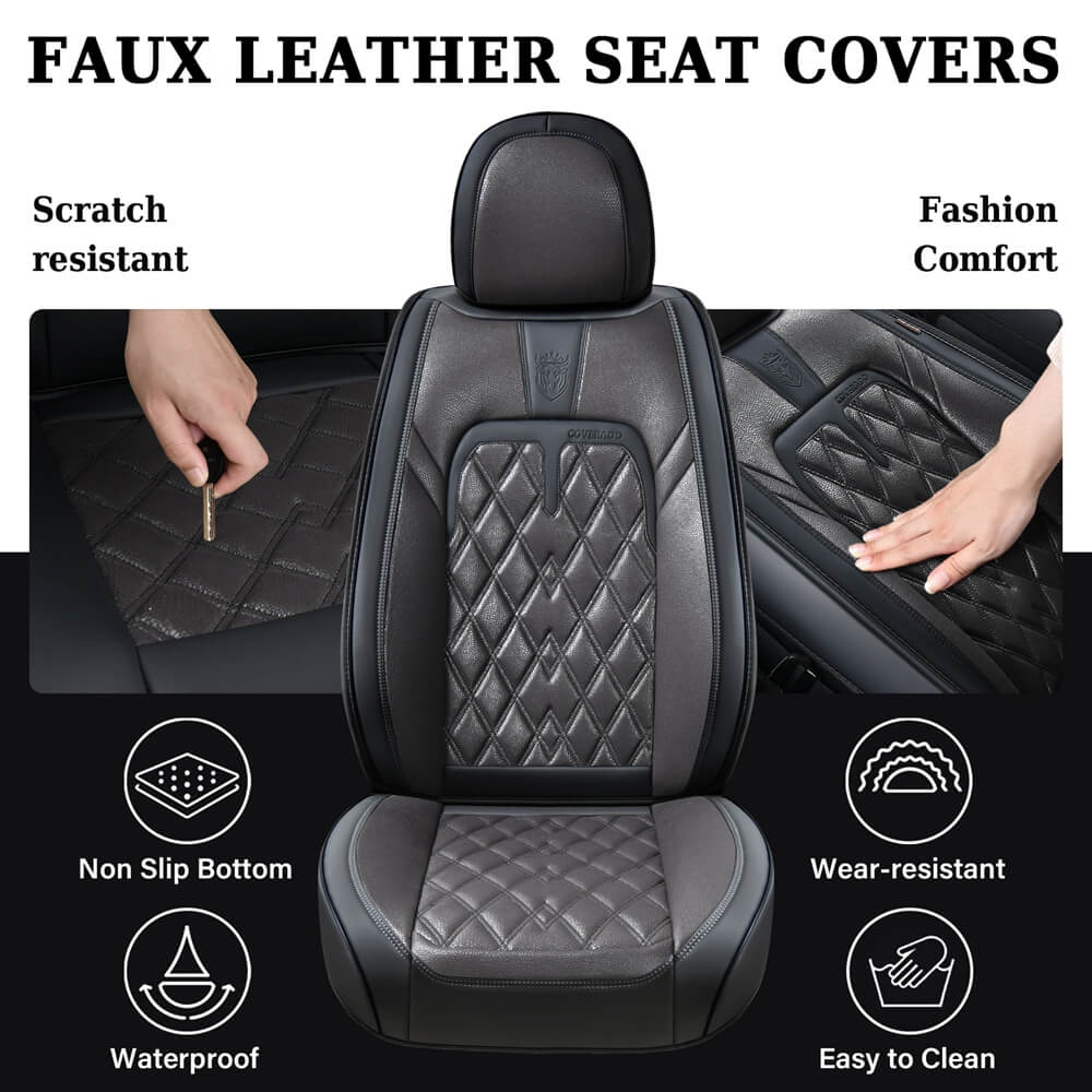 Coverado 5 Seats Full Set Quality Front and Rear Seat Covers Faux Leather Waterproof Universal Fit