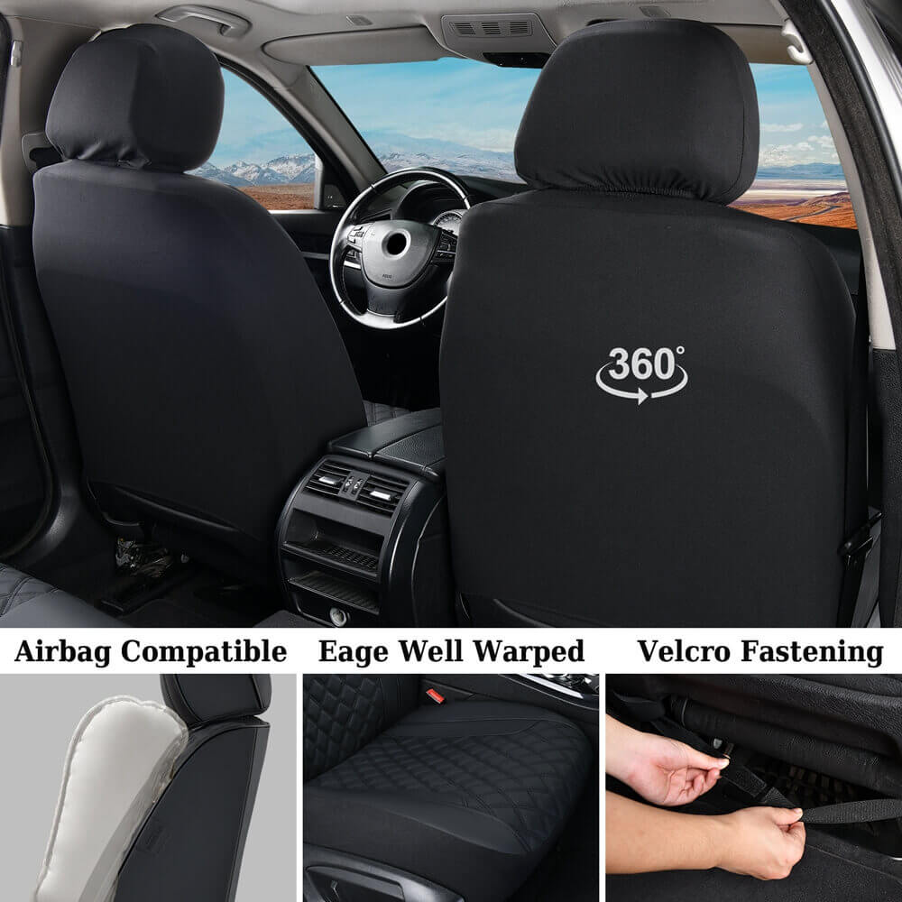 Coverado PVC Car Seat Covers Black Front and Back Faux Leather &Fabric Auto Seat Protector Universal Fit