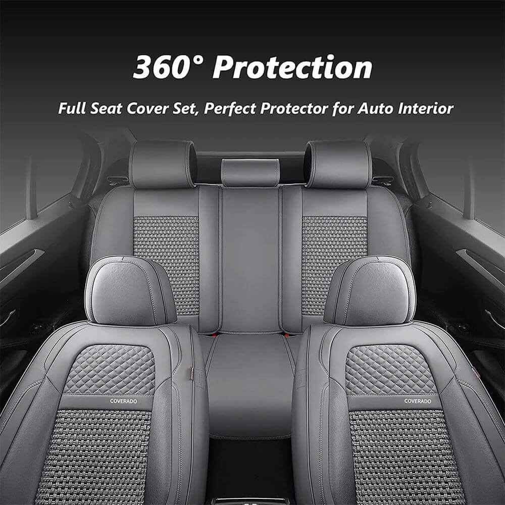 Coverado Front and Back Seat Covers Full Set 5 Seats Faux Leather & Woven Fabric Breathable Universal Fit