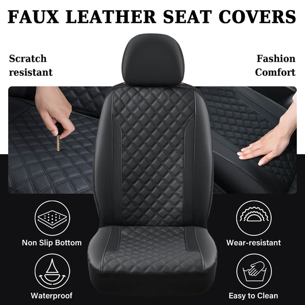 Coverado PVC Car Seat Covers Black Front and Back Faux Leather &Fabric Auto Seat Protector Universal Fit