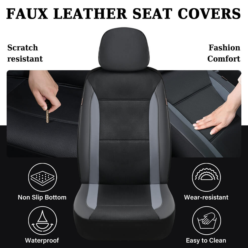 Coverado 5 Seats PVC Seat Covers Full Set Faux Leather & Fabric Seat Protectors Universal Fit